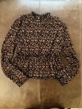 Cistar New York Floral Peplum Blouse Size M Black Pink Long Sleeve Ruffle Neck